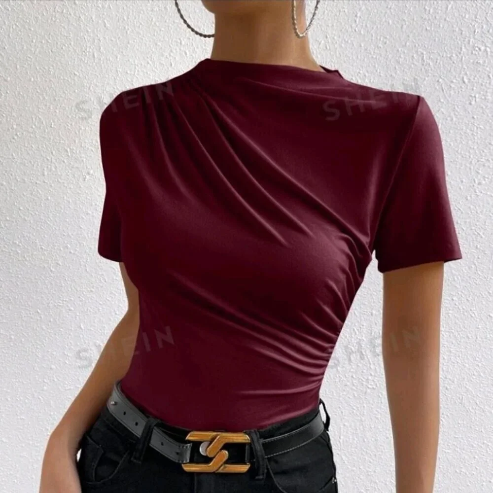SHEIN Prive` Ruched Mock Neck Tee - Picture 3 of 7